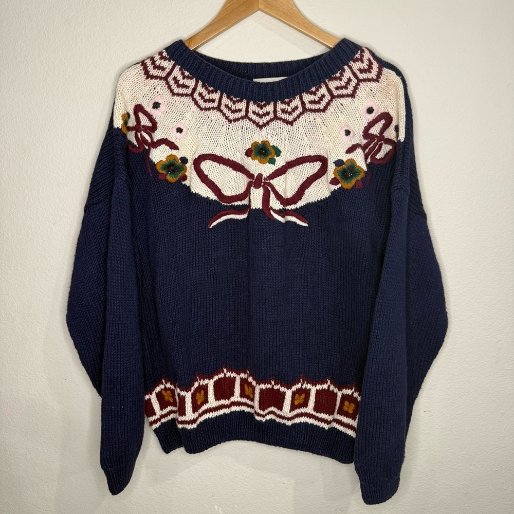 Venezia Navy Blue Floral Bow Yoke Sweater with Cream Accents